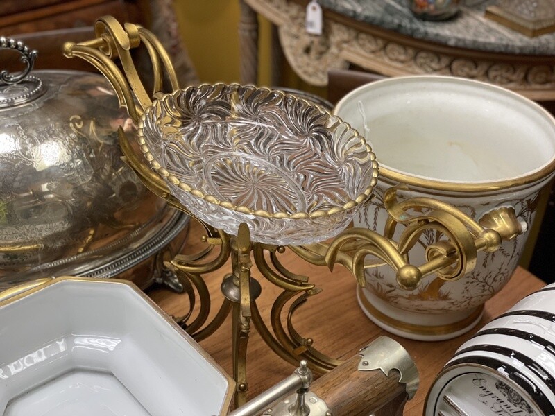 Baccarat Swirl Pattern Glass Center Piece Epergne on Art Nouveau Gilt Bronze Stand