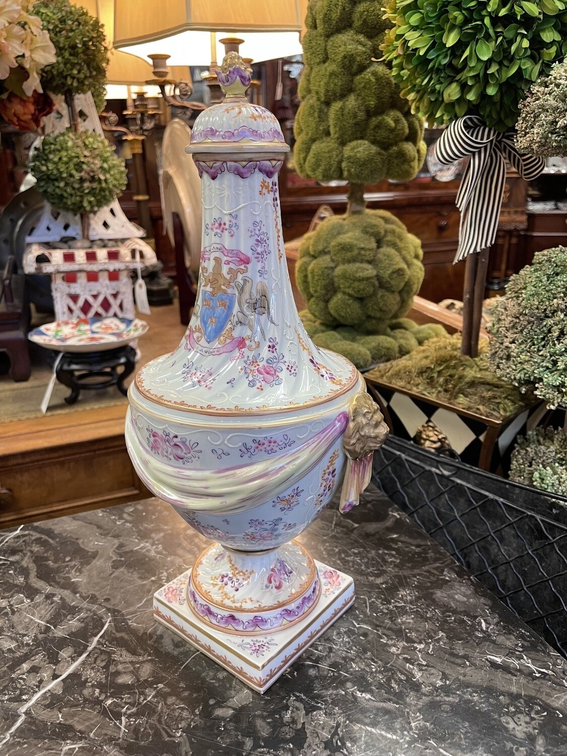 Antique French Samson Ware Lidded Urn with Swag and Gilt Lions Head handles. Chinese Painted in the Export Style