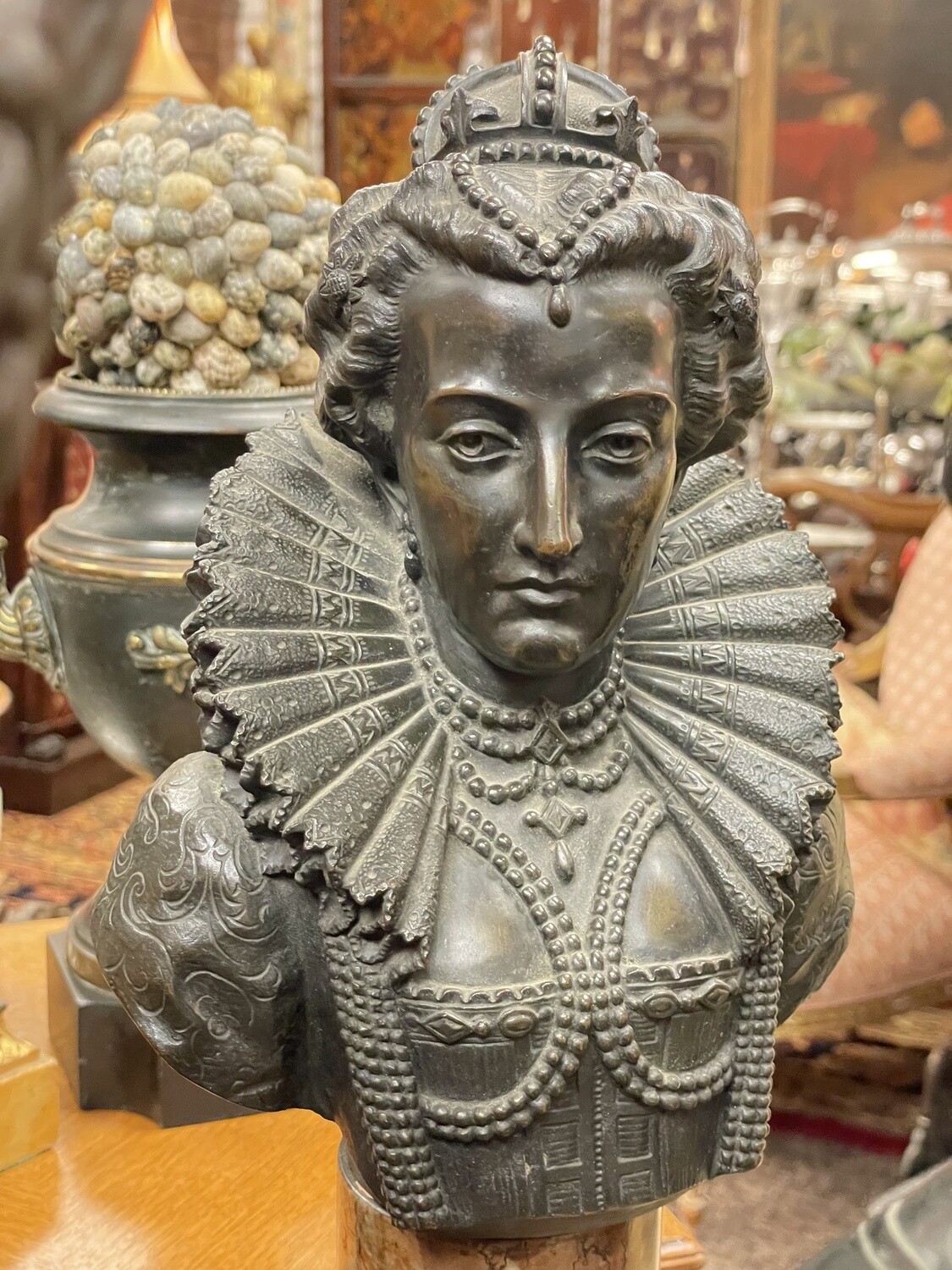 Pair of English Bronze Busts of Queen Elizabeth I and Sir Robert Dudley on Marble Pedestals