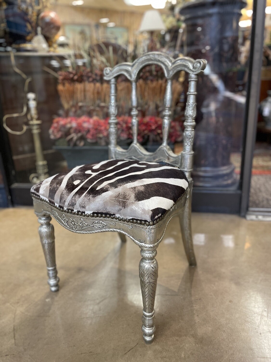 Pair of Carved Wood and Silver Overlay Anglo-Indian Raj Chairs with Faux Zebra Fabric