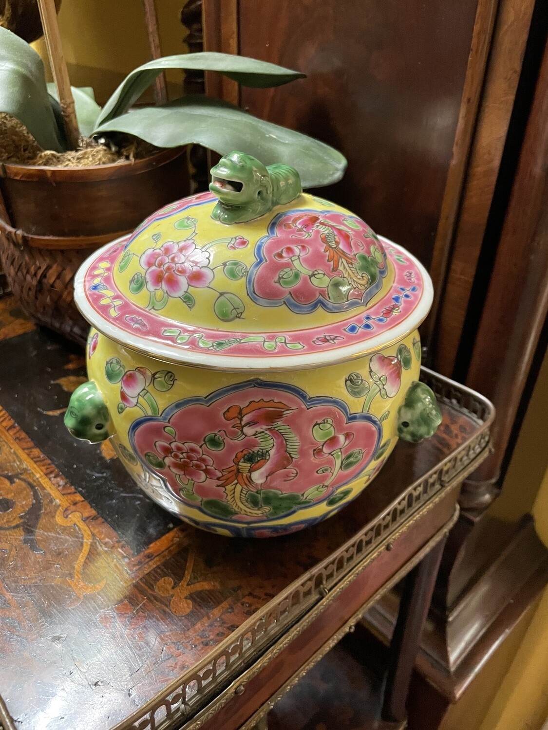Oriental Jar Yellow and Pink with Green Handles and a Foo Dog Lid