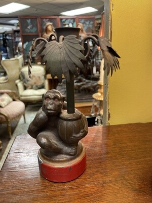 Tin Metal Candlestick Depicting Monkey Holding a Palm Frawns