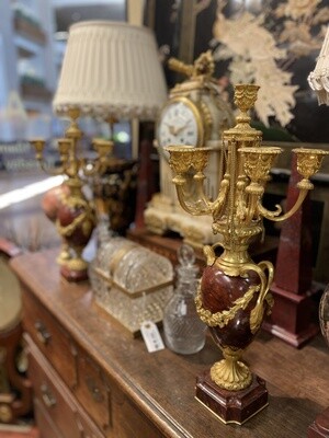 Pair of French Rouge Royale Marble and Gilt Candelabra