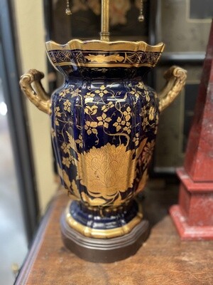 Pair of English Masons Ironstone Cobalt and Gold Lamps