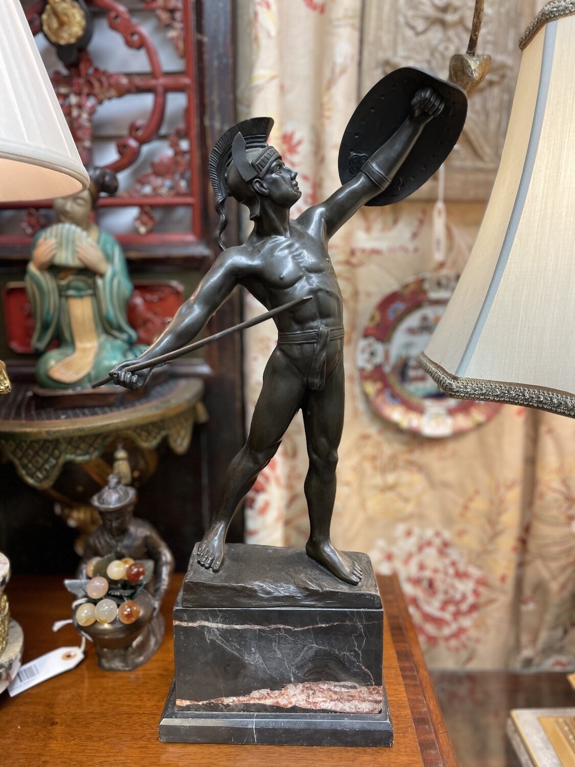 Bronze Neoclassical Statue of Gladiator with Shield and Dagger. 15 Inch Bronze on a 5 Inch Tall Base