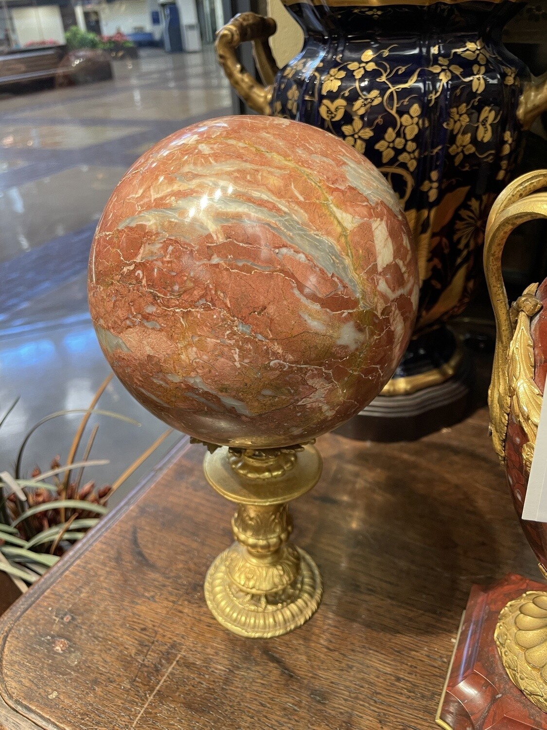 6 Inch Marble Sphere on Gilt Pedestal