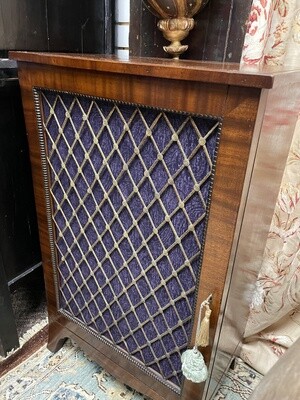 Pair of English Regency Mahogany and Rosewood Banded Side Cabinets with Grill Doors