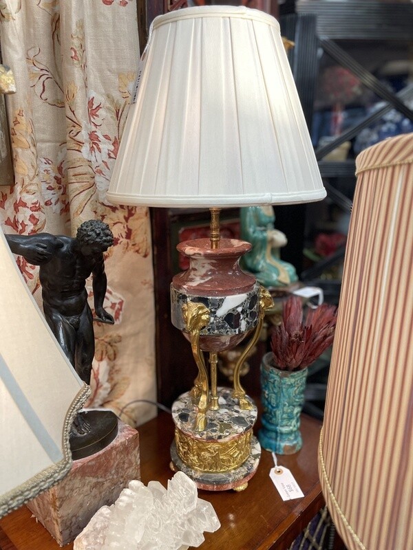 Pair of Marble and Gilt Bronze Lamps with Rams Heads and Two Colored Marble