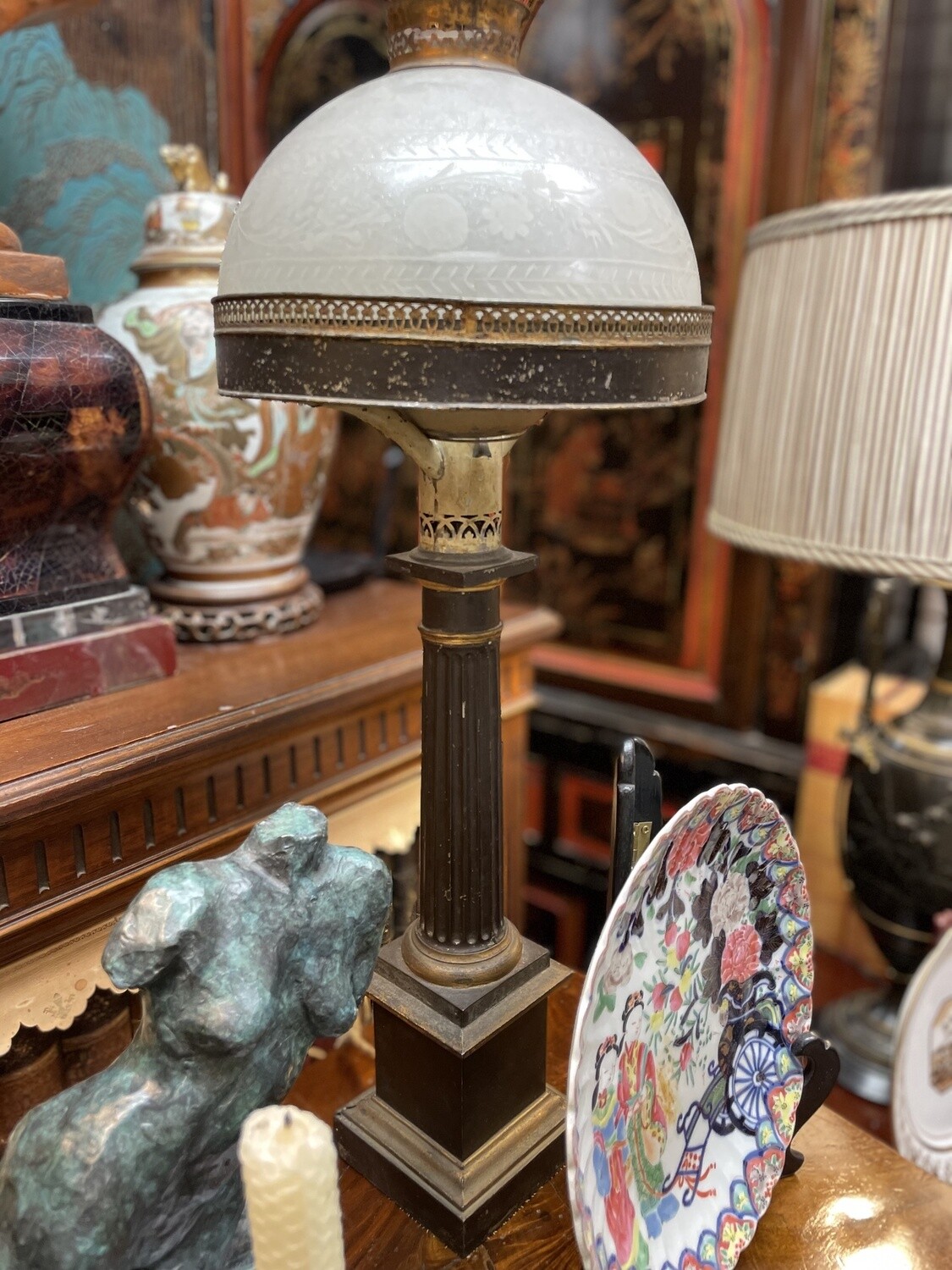 Pair of Tole and Glass Neoclassical Lamps (Nancy Hammond Estate)