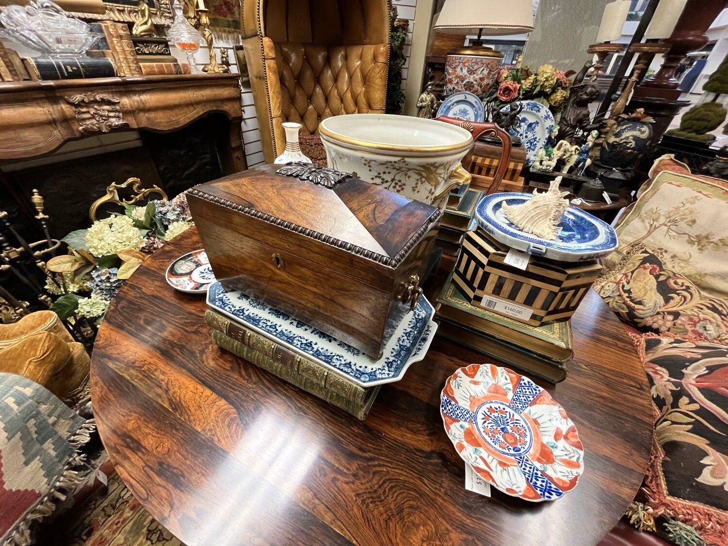 Large English Regency Rosewood Tea Caddy with Glass Mixing Bowl