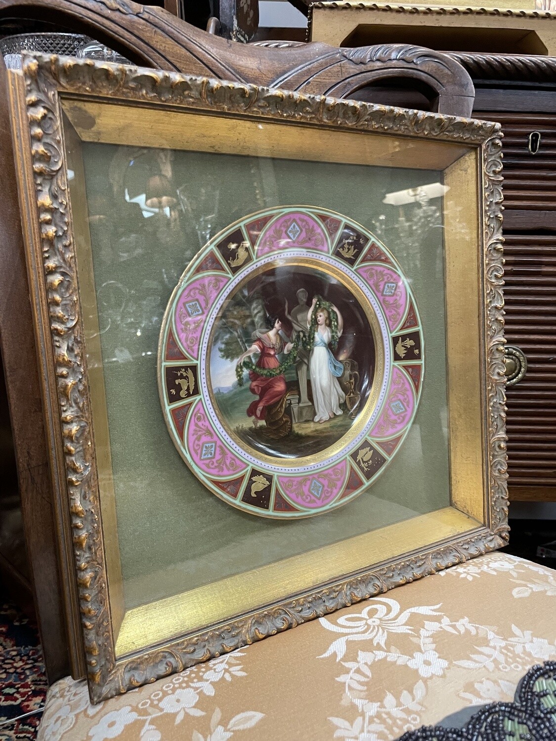 Two Royal Vienna Blue Beehive Underglaze Marked Painted Porcelain Cabinet Plates in Modern Gilt Shadowbox Frames