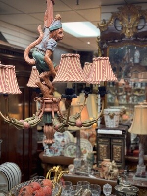 Vintage Italian 20th Century Carved Wood and Painted Monkey Chandelier