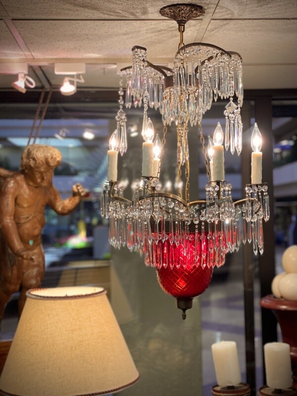 Russian Crystal and Cranberry Glass Hurricane Chandelier