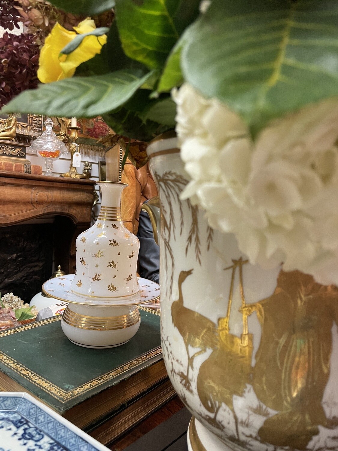 French White Cut Glass Decanter and Bowl with Gold Decoration