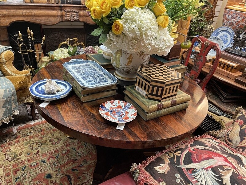 English Regency Rosewood and Parcel Gilt Tole Top Center Table