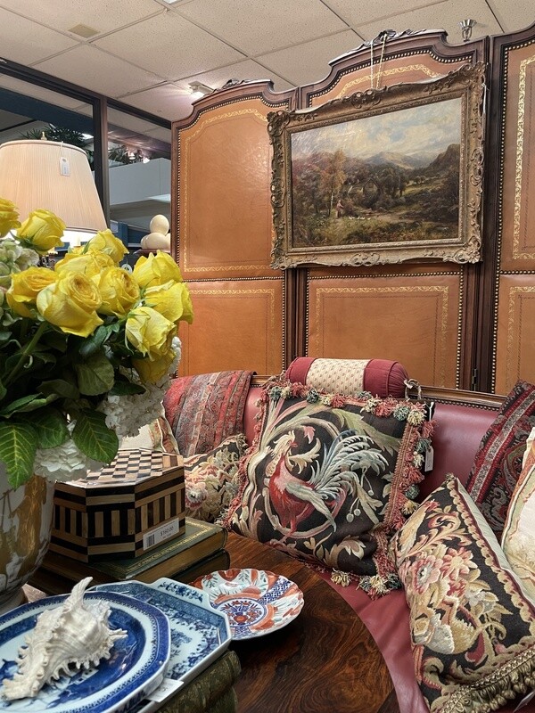 French Louis XVI 3 Panel Folding Screen with Gold Tooled Hermes Leather and Nailhead and Plaid Fabric Upholstry