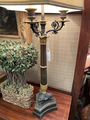 Pair of English Regency Bronze and Partial Gilt Lamps with Custom Silk Shades
