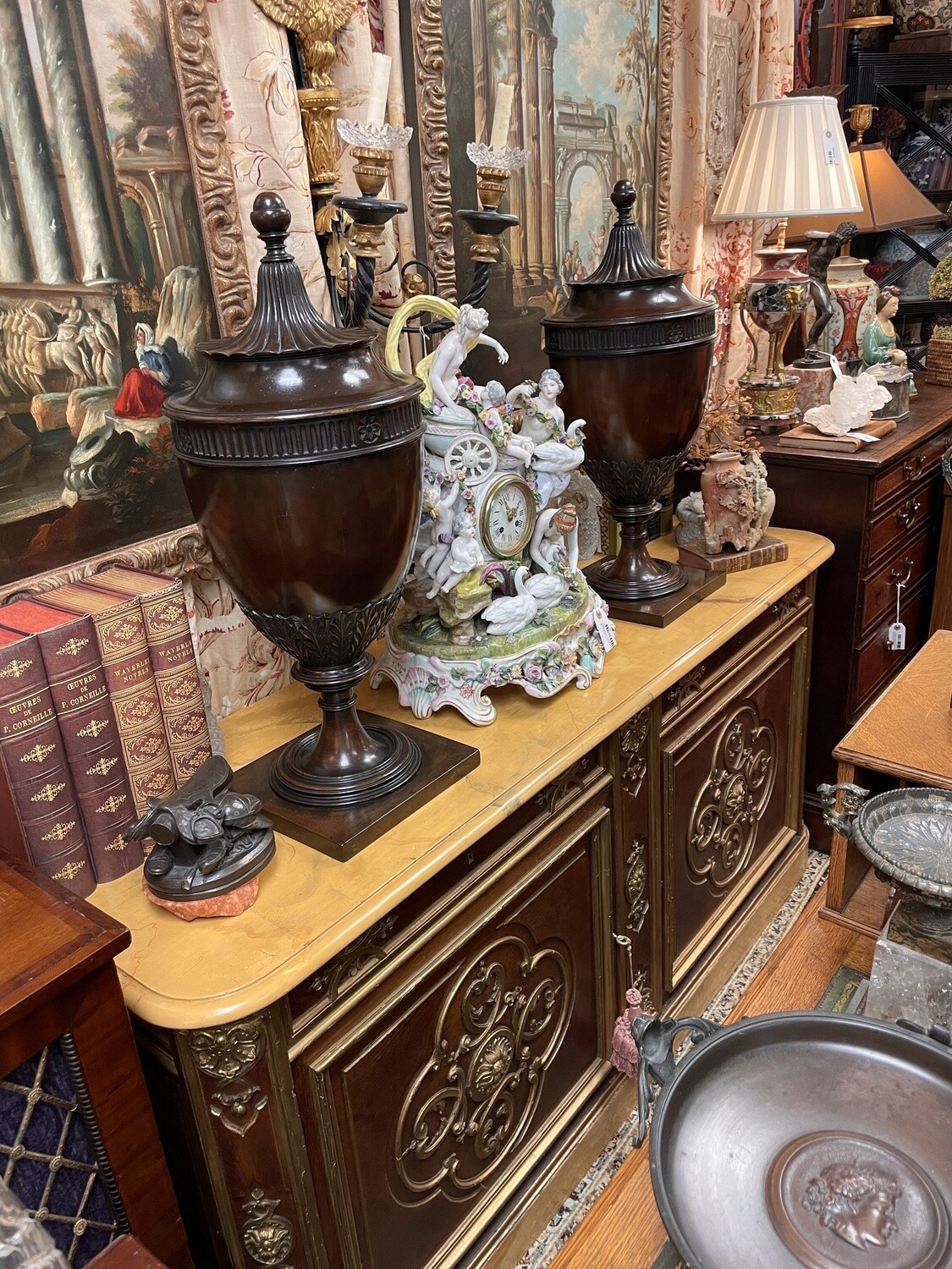 French Neogothic Oak Two-Door Collectors Credenza Cabinet with Multiple Shallow Drawers Behind the Doors. Faux Painted Marble with Gold and Brown Painted Body