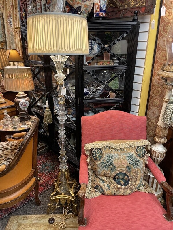 Italian Gilt Iron and Baccarat Crystal Floor Lamp with Custom Silk Shade