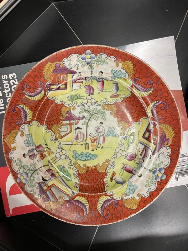 English Masons Ironstone Imari Dish with Make-Do Lead Staple Repairs
