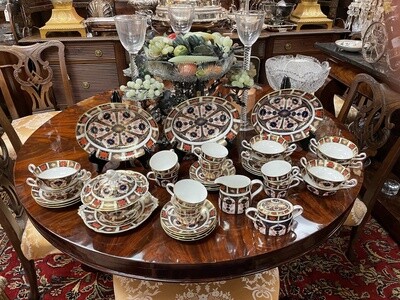 English Royal Crown Derby Old Imari 40 Piece Dinner Set including Cups, Saucers, Cream Soups, Sugar, Creamer, 3 Vegetable Bowls, Platter, and Small Tureen