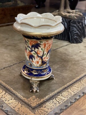 English Royal Crown Derby Lion Paw Footed Miniature Vase with Repair