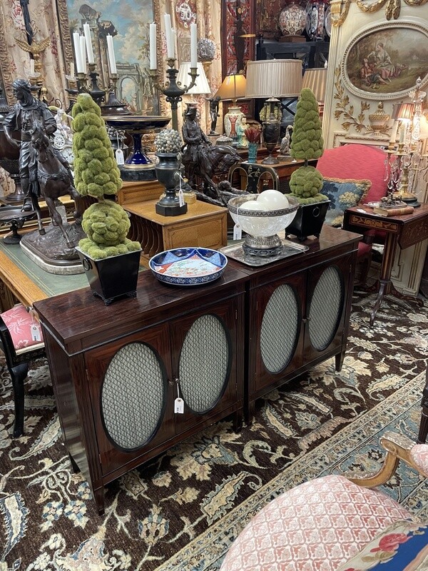 Pair of Rosewood English Regency Side Cabinets with Oval Grill Doors