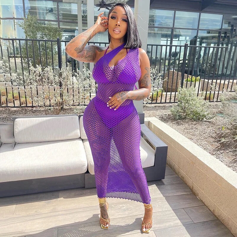 Purple Fishnet Mesh Midi Dress