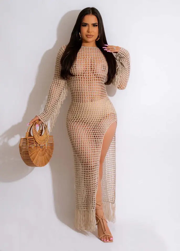 Khaki Maxi Fishnet Dress With High Slit