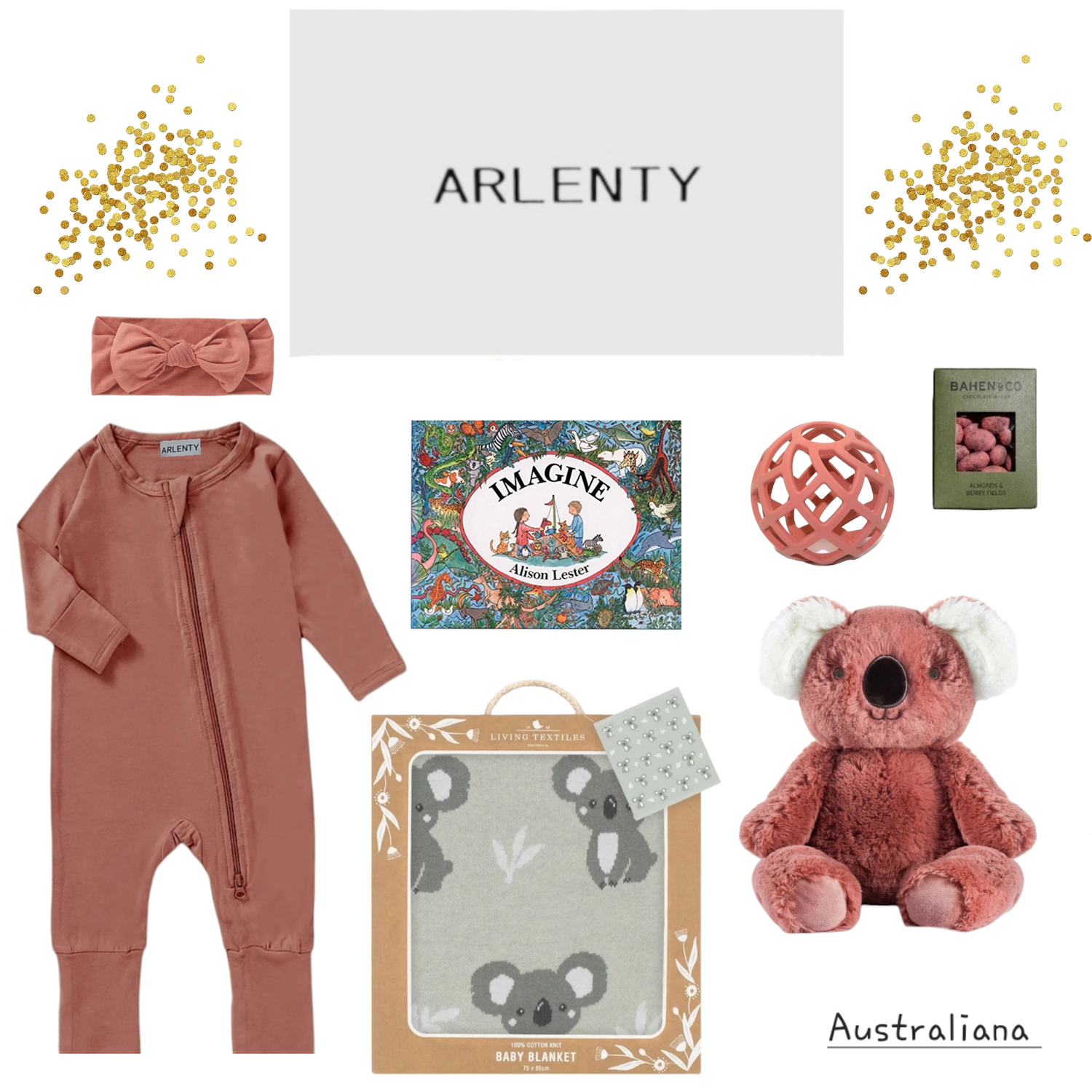 Australiana Baby Gift Set – Bamboo Romper, Koala Plush Toy, Blanket, Book &amp; Chocolate
