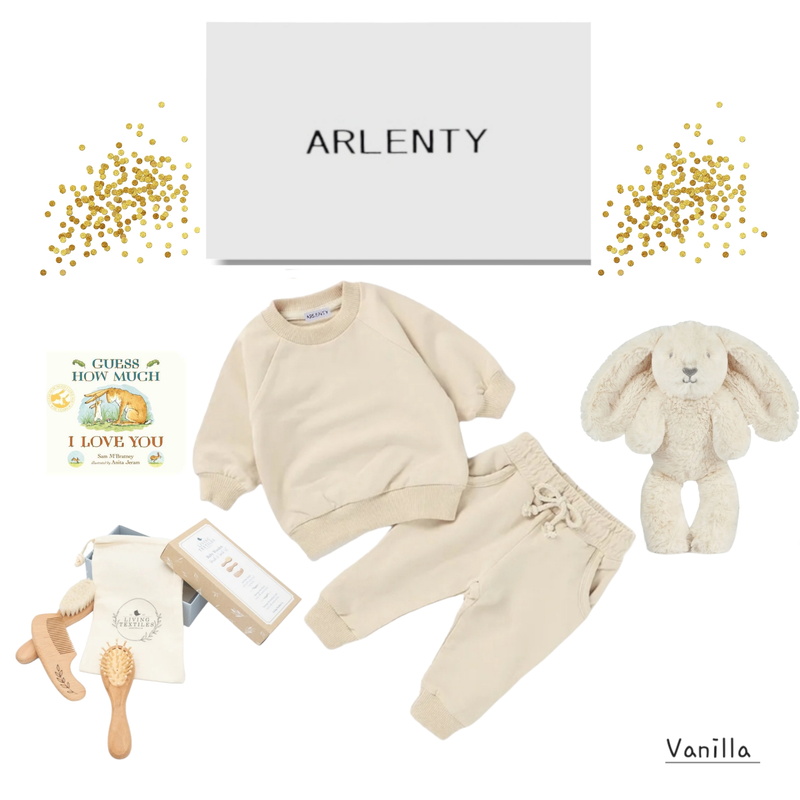 Vanilla Baby Gift Set – Organic Cotton French Terry Sweat Set, Ziggy Bunny, Brush &amp; Comb Set &amp; Board Book