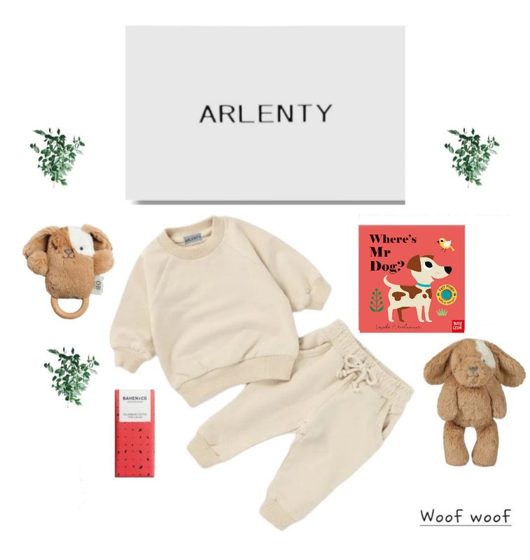 Woof woof Baby Gift Set – Organic Cotton Sweat Set, Duke Dog Plush &amp; Rattle, Chocolate &amp; Book