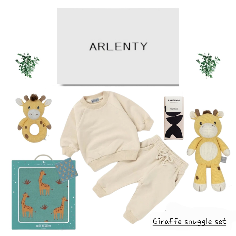 Giraffe Snuggle Baby Gift Set – Organic Cotton Sweat Set, Noah the Giraffe Plush &amp; Blanket, Knit Rattle &amp; Chocolate