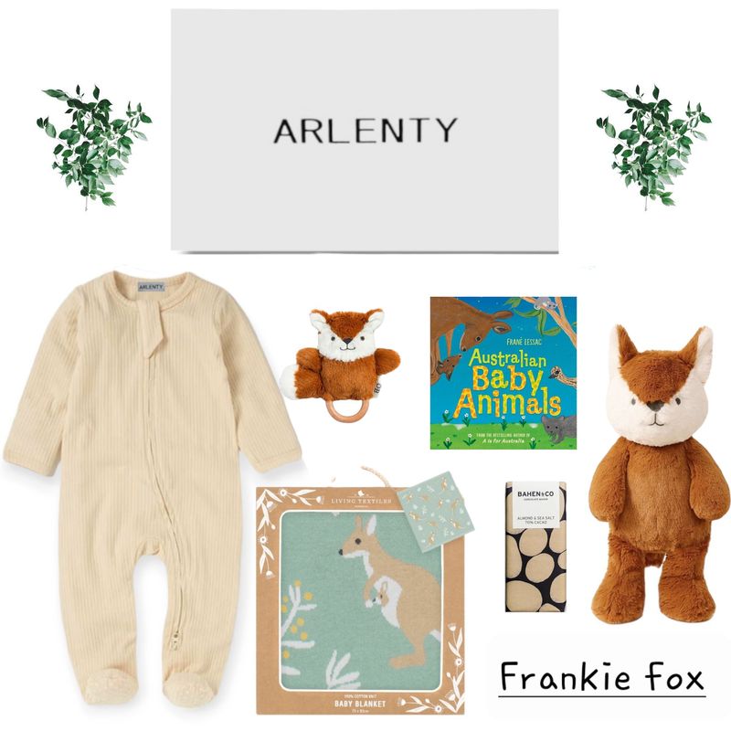 Frankie Fox Baby Gift Set – Organic Cotton Romper, Frankie Fox Plush Toy, Teething Rattle, Australiana Blanket &amp; Australian Baby Animals Book