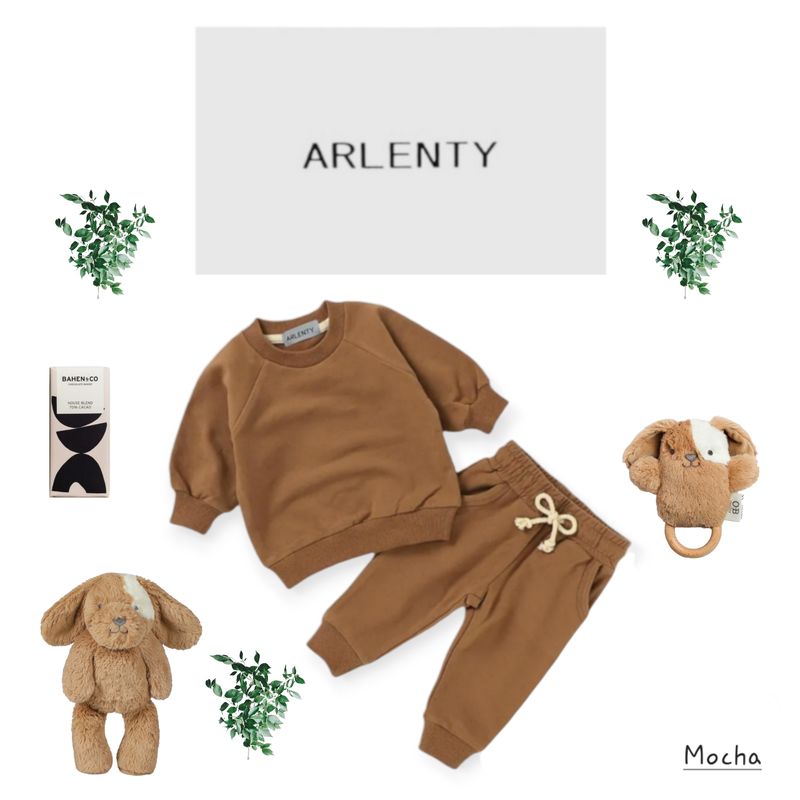 Mocha Baby Gift Set – Organic Cotton French Terry Sweat Set, Duke Dog Plush, Rattle &amp; Chocolate