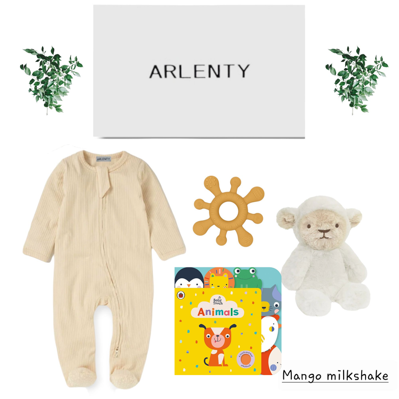 Mango Milkshake Baby Gift Set – Organic Romper, Plush Lamb, Teether &amp; Animal Board Book
