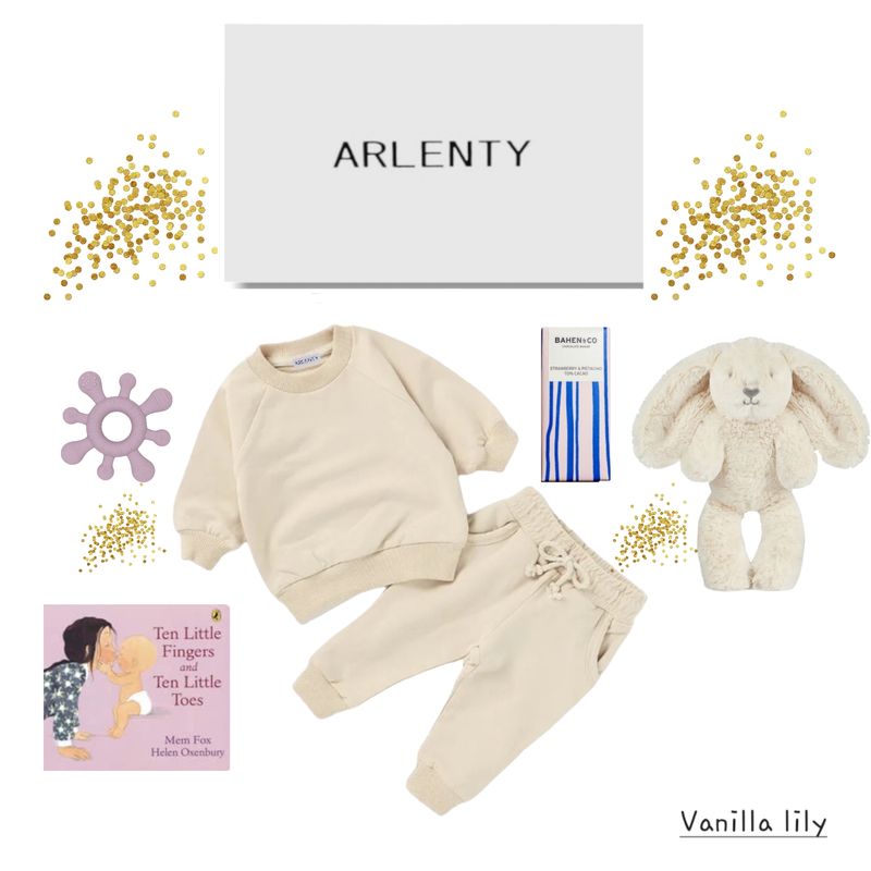 Vanilla Lilly Baby Gift Set – Organic Cotton French Terry Sweat Set, Plush Bunny, Teether, Book &amp; Chocolate