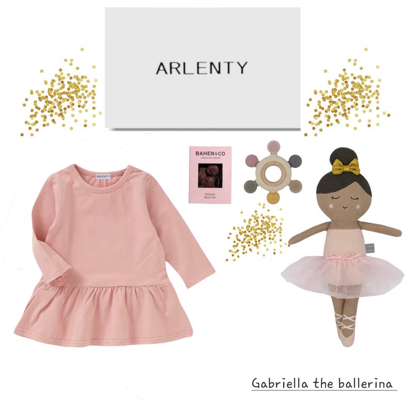 Gabriella the Ballerina Baby Gift Set – Organic Cotton Dress, Knitted Toy, Teether &amp; Chocolate
