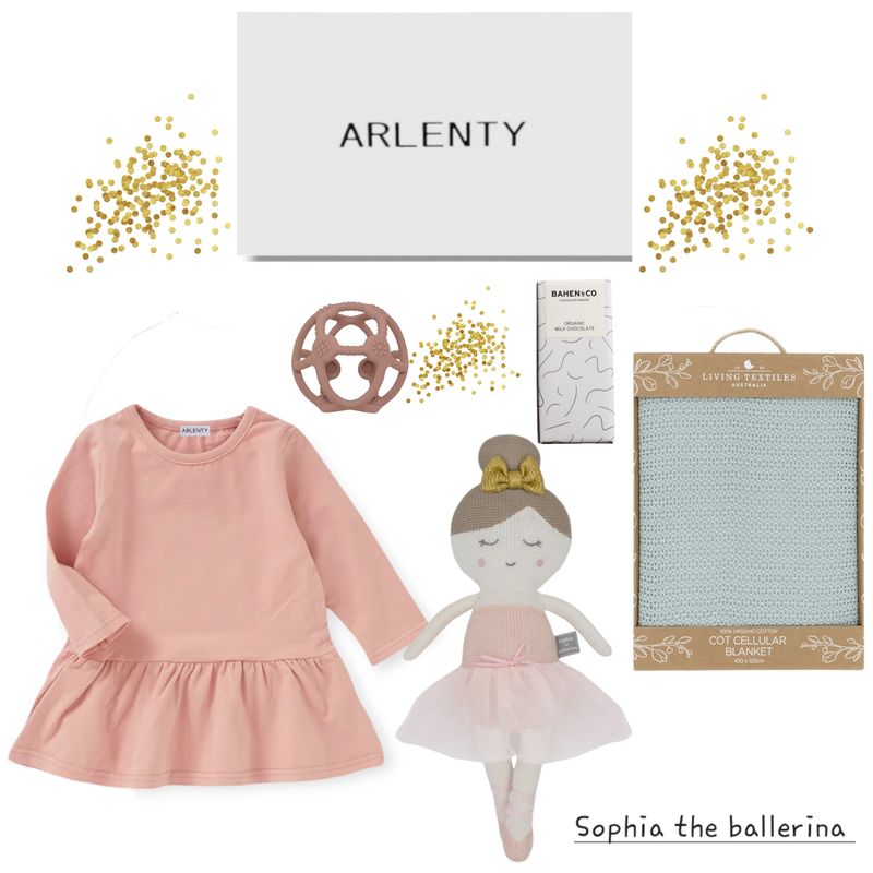 Sophia the Ballerina Baby Gift Set – Organic Cotton Frill Dress, Knitted Toy, Cellular Blanket, Teething Ball &amp; Chocolate