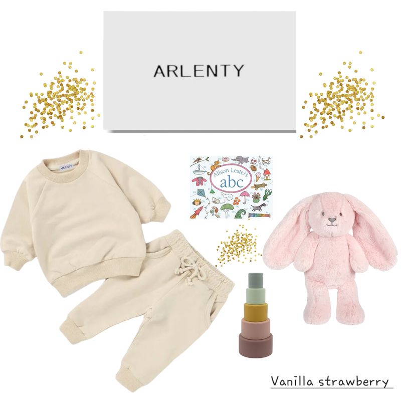 Vanilla Strawberry Baby Gift Set – Organic Cotton French Terry Sweat Set, Betsy Bunny, Nesting Cups &amp; Book