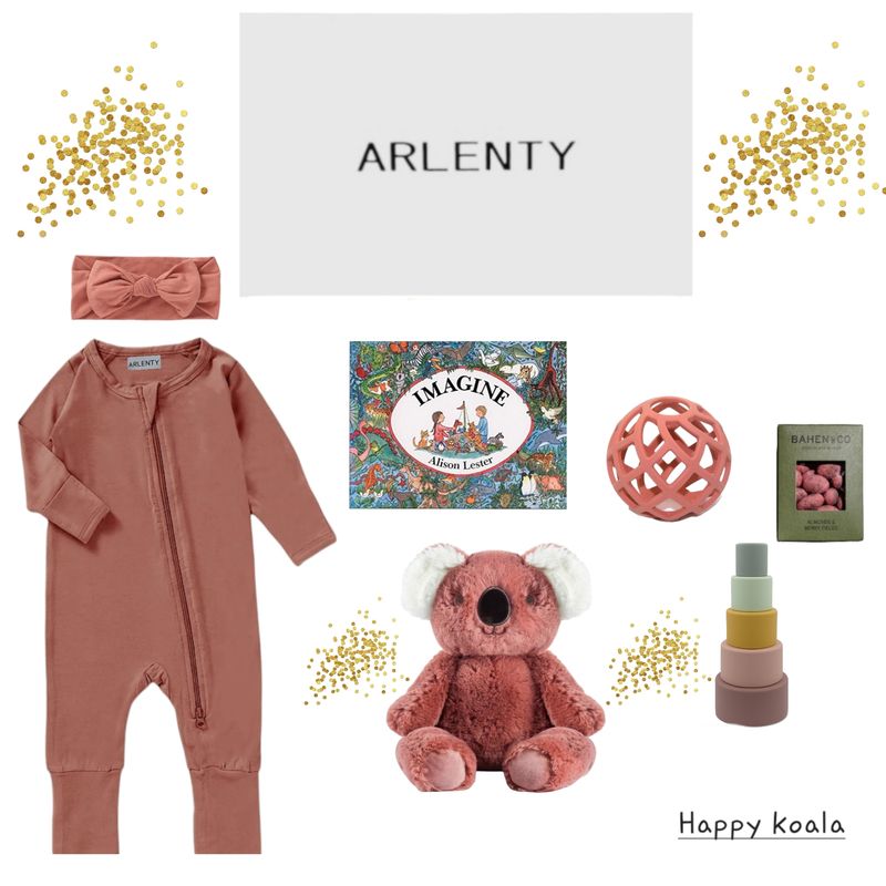 Happy Koala Baby Gift Set – Bamboo Romper, Bamboo Headband, Plush Koala, Teether, Nesting Cups, Book &amp; Chocolate