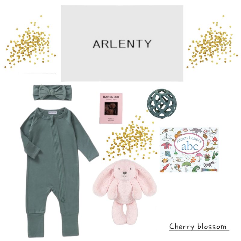 Cherry Blossom Baby Gift Set – Bamboo Romper, Plush Bunny, Teether, Book &amp; Chocolate