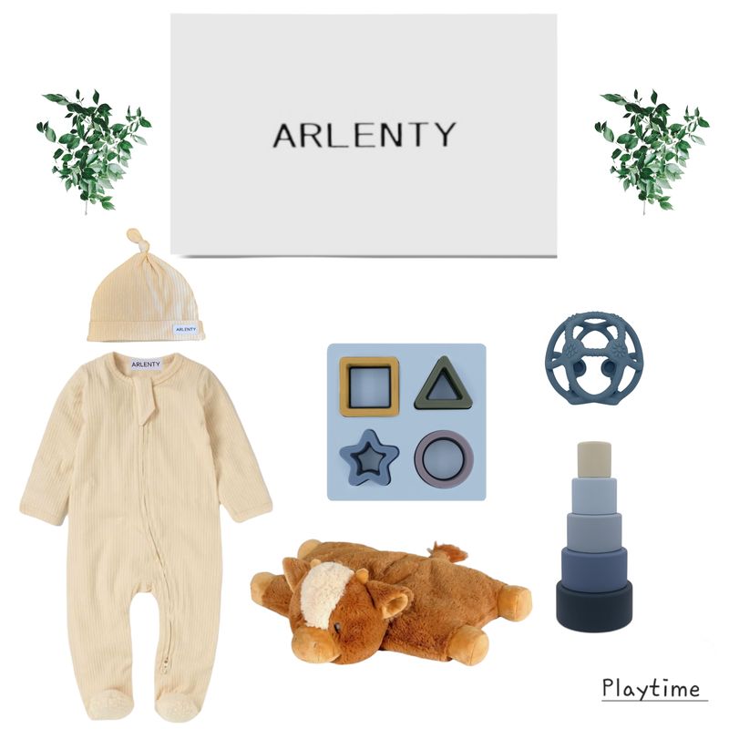 Playtime Baby Gift Set – Organic Cotton Romper &amp; Hat, Billy Cow Plush Toy, Silicone Nesting Blocks, Shape Puzzle &amp; Teething Ball