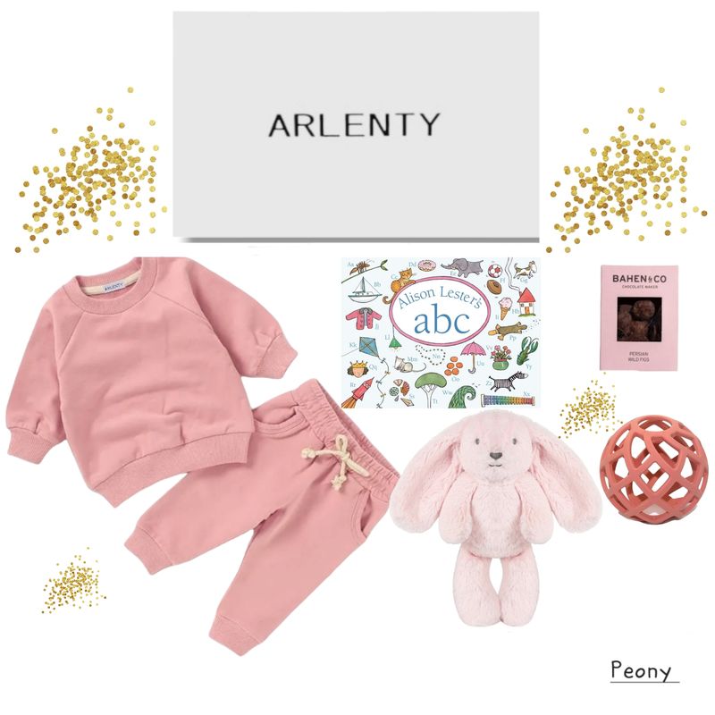 Peony Baby Gift Set – Organic Cotton French Terry Sweat Set, Betsy Bunny, Blush Teether, Alison Lester’s ABC Book &amp; Chocolate Figs