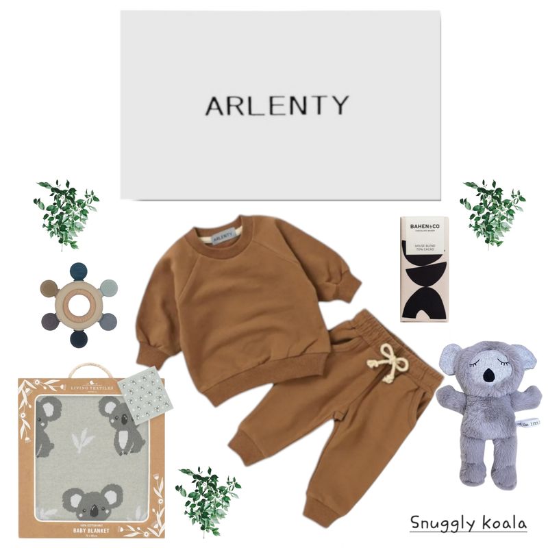Snuggly Koala Baby Gift Set – Organic Cotton Sweat Set, Koala Blanket, Morton Koala Plush, Silicone Teething Wheel &amp; Chocolate