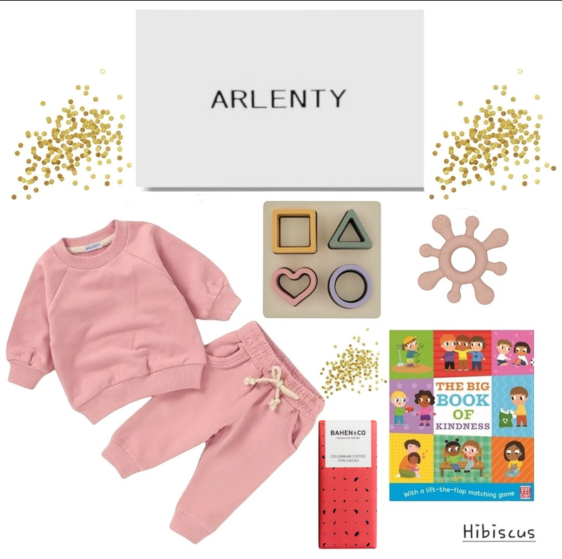 Hibiscus Baby Gift Set – Organic Sweat Set, Silicone Puzzle &amp; Teether, Book &amp; Coffee Chocolate