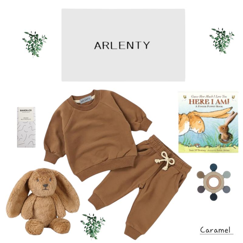 Caramel Baby Gift Set – Organic Cotton Sweat Set, Bailey Bunny Plush, Silicone Teething Wheel, Finger Puppet Book &amp; Organic Milk Chocolate
