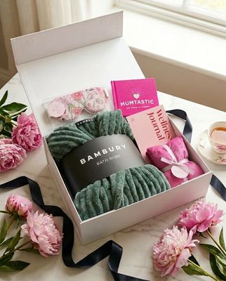 Luxury Self-Care Gift Box – Juniper Green (Bambury Robe, Tonic Heat Pillow &amp; Wellness Journal) – White Magnetic Box