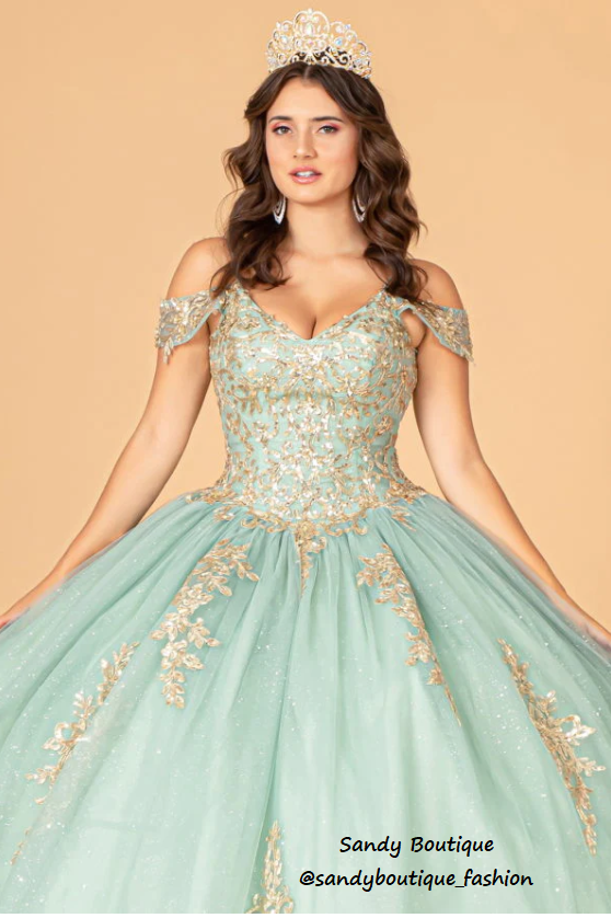 Gold Embroidered Mesh Quinceanera Dress color Sage