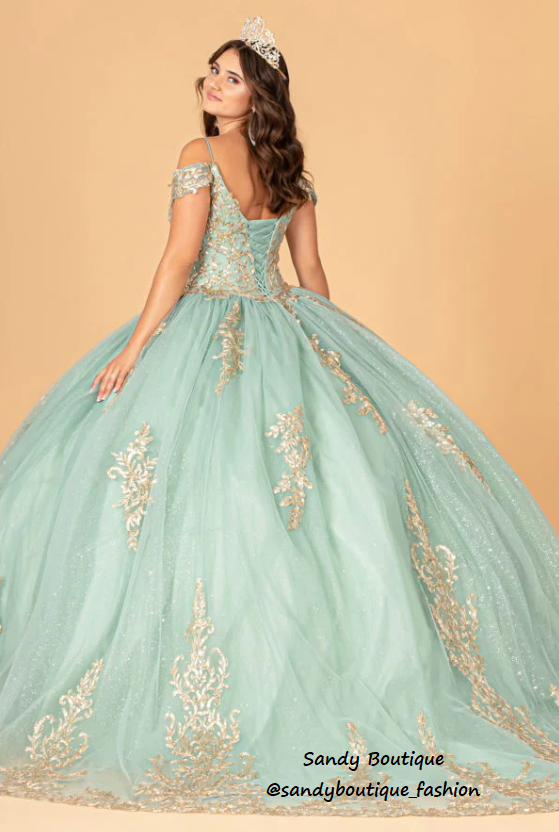Gold Embroidered Mesh Quinceanera Dress color Sage
